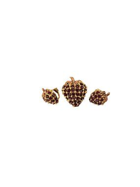Vintage Gold-Tone Strawberry Brooch & Clip-On Earring Set Red Rhinestones Enamel